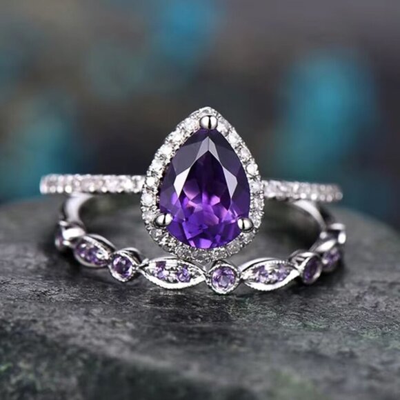 NEW 14k White Gold Amethyst Diamond Ring Pear Cut Ring Set of 2 - Picture 2 of 5